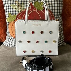 🌈🔹️KARL LAGERFELD🔹️ Maybelle white rainbow hearts Satchel  🌈 EUC